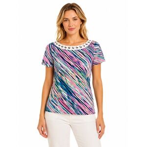Rafaella Laced Grommet Blouse Women M Cotton Boat Neck Stripes Artsy Y2K